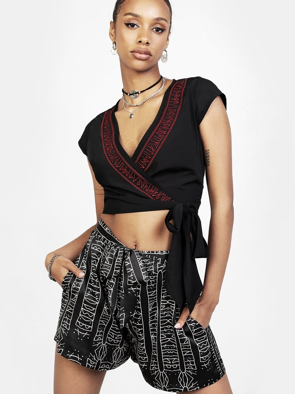 Disturbia Runes Black Wrap Crop Top with Red Trim